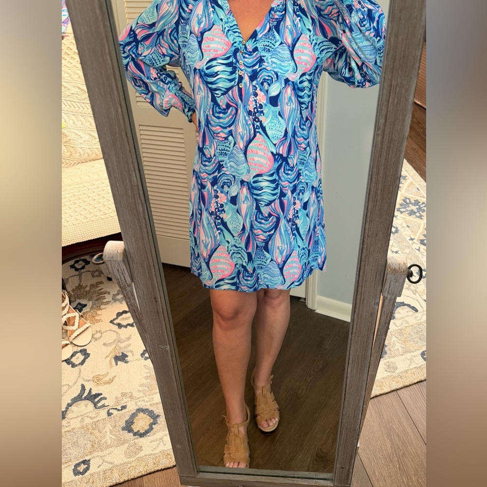 Lilly Pulitzer Blue and Pink Fish-Print Dress, Size XL.
